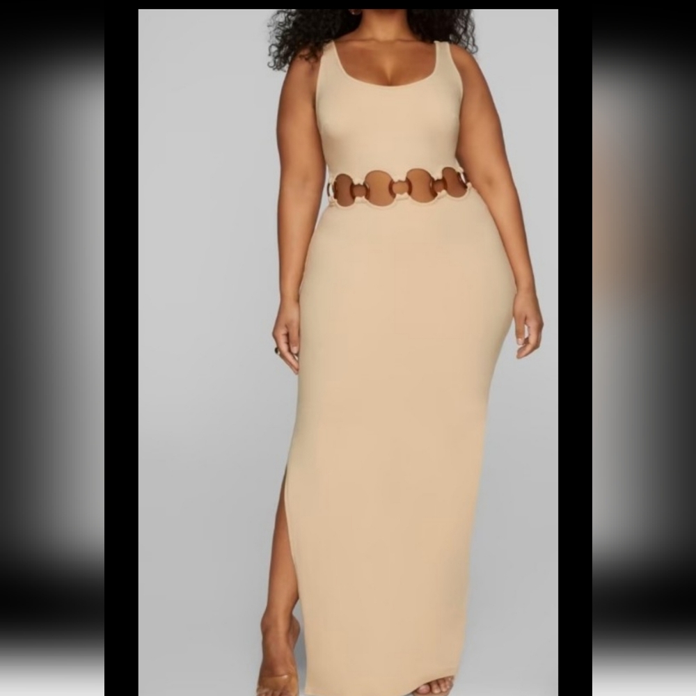 Fashion to Figure Neutral Beige Maxi Dress with Ring Cutout Waist